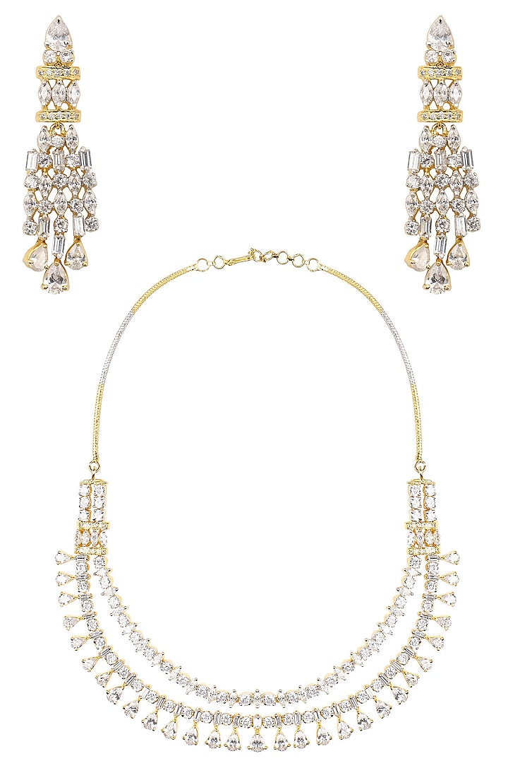 Gold Finish White Sapphire Double String Necklace Set by Tanzila Rab