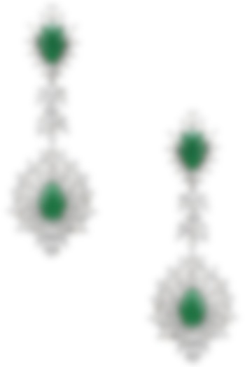 Rhodium finish white sapphires and emerald stone earrings available only at Pernia's Pop Up Shop.
