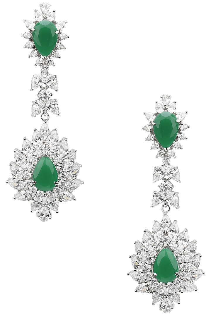 Rhodium Finish White Sapphires and Emerald Stone Earrings by Tanzila Rab