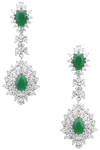 Rhodium Finish White Sapphires and Emerald Stone Earrings by Tanzila Rab