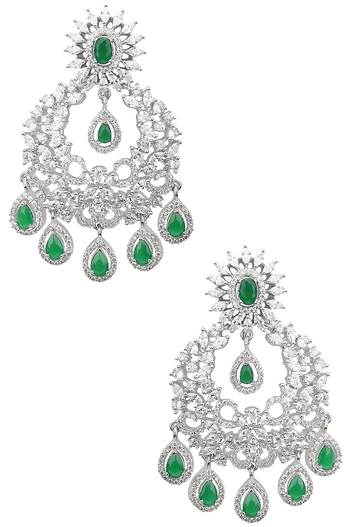 Rhodium Finish White Sapphires and Emerald Stone Chandbali Earrings by Tanzila Rab