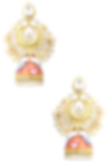 22K Gold Finish Kundan and Pearls Enamelled Earrings by Tanzila Rab