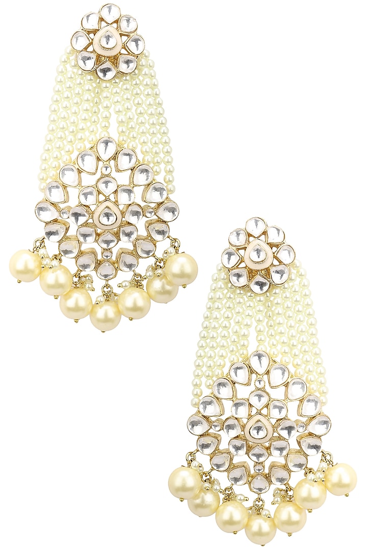 22K Gold Finish Kundan and Pearls Jhumar Earrings by Tanzila Rab