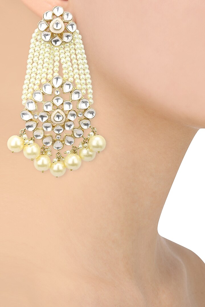 22k gold finish kundan and pearls jhumar earrings available only at Pernia's Pop Up Shop.