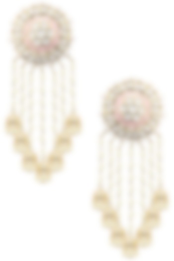 22K Gold Finish Kundan and Pink Enamel Bridal Earrings by Tanzila Rab
