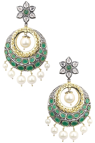 Antique and 22K Gold Finish White Sapphire Chandbali Earrings by Tanzila Rab