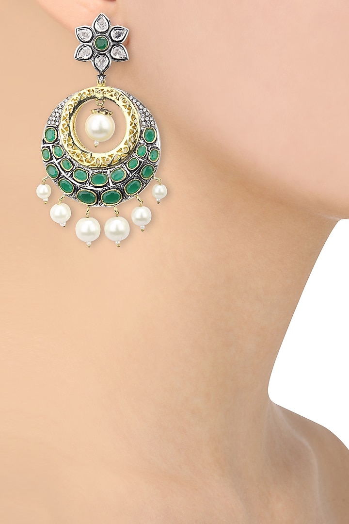 Antique and 22k gold finish white sapphire chandbali earrings available only at Pernia's Pop Up Shop.
