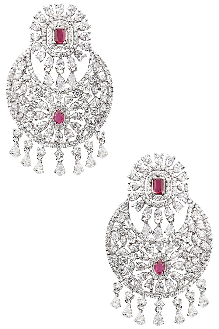 Rhodium Finish Ruby and White Sapphire Cocktail Earrings by Tanzila Rab