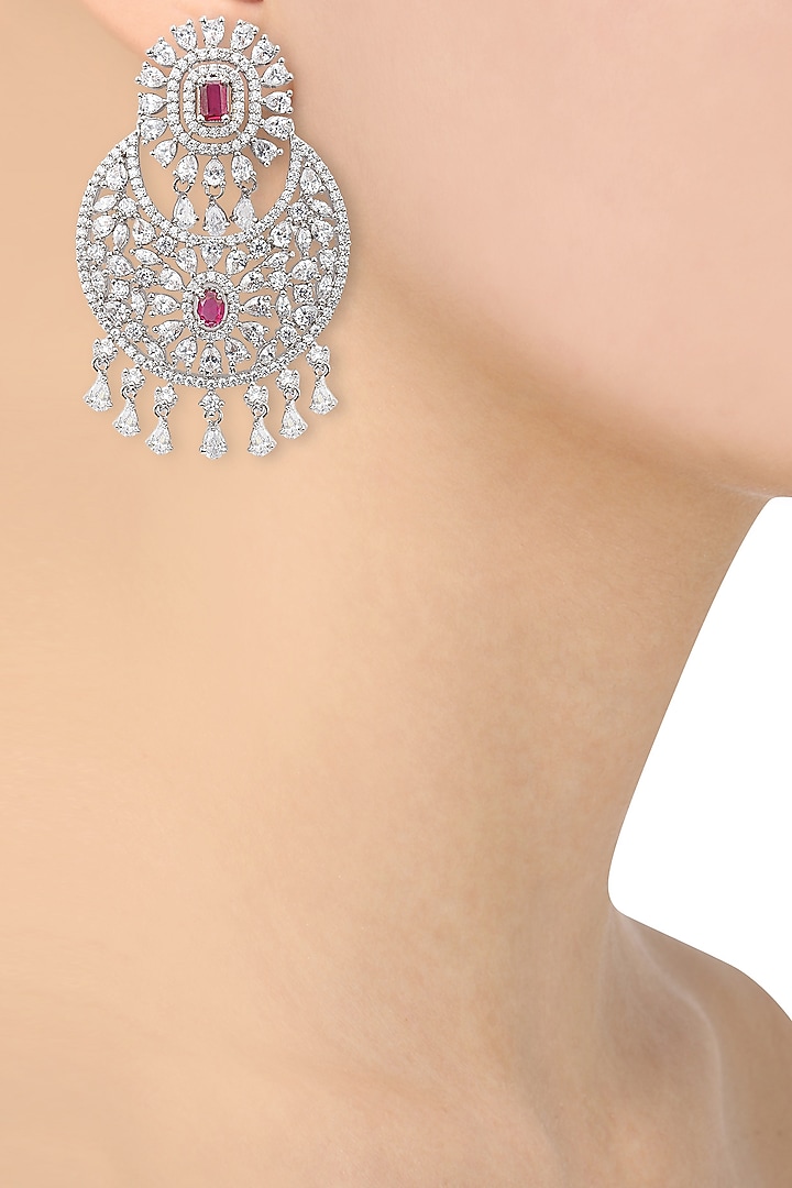 Rhodium finish ruby and white sapphire cocktail earrings available only at Pernia's Pop Up Shop.