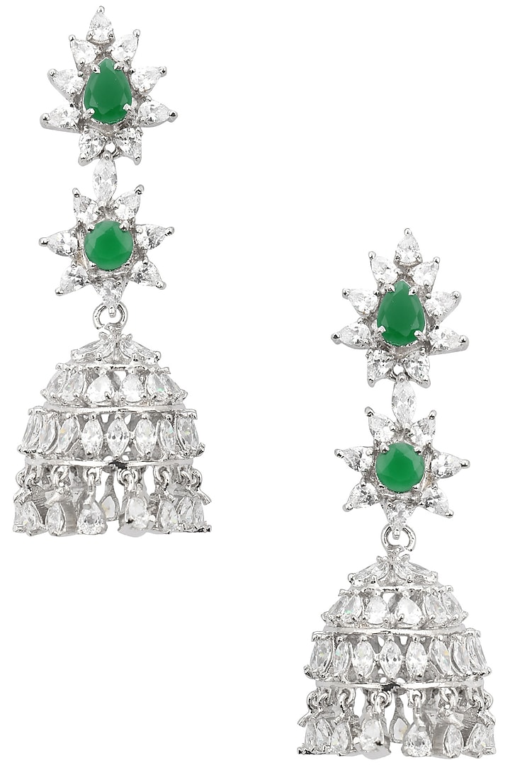 Rhodium Finish White Sapphires and Emerald Tiered Jhumkis by Tanzila Rab