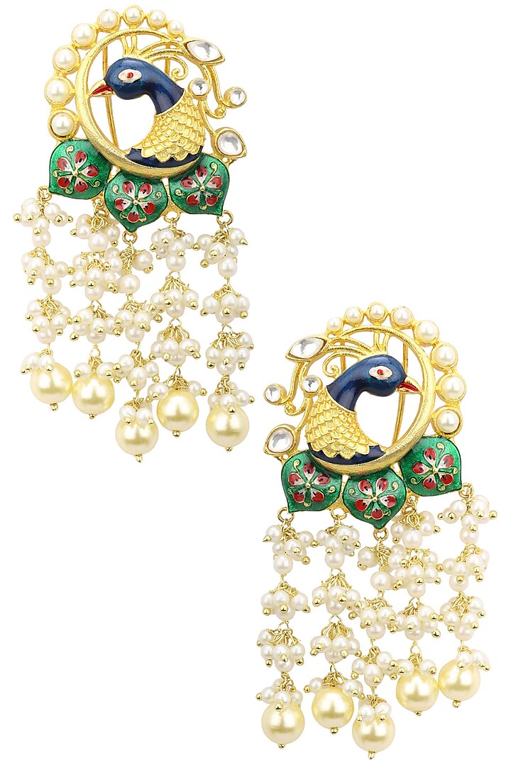 22K Gold Finish Peacock Motif Earrings by Tanzila Rab