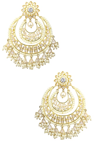 22K Gold Finish Crystal and Pearl Bridal Chandbali Earrings by Tanzila Rab
