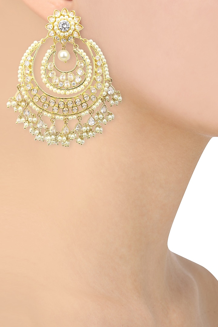 22k gold finish crystal and pearl bridal chandbali earrings available only at Pernia's Pop Up Shop.