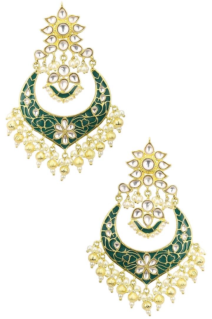 22K Gold Finish Kundan and Green Enamel Chandbali Earrings by Tanzila Rab