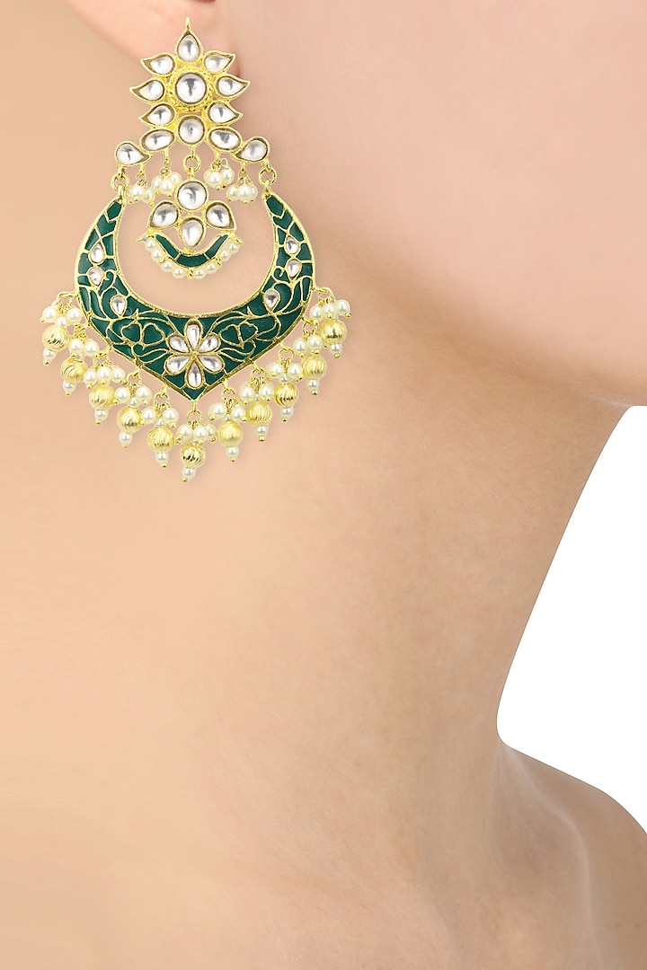 22k gold finish kundan and green enamel chandbali earrings available only at Pernia's Pop Up Shop.