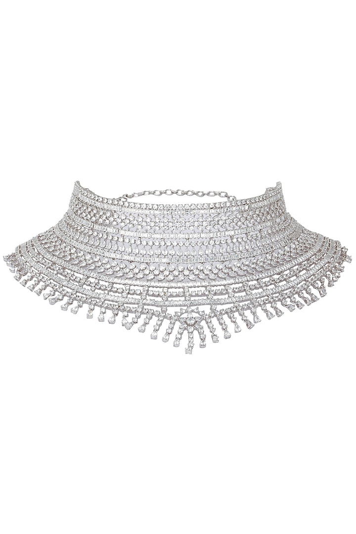 Rhodium Finish White Sapphires Studded Bridal Necklace by Tanzila Rab