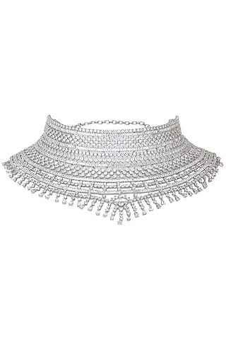 Rhodium Finish White Sapphires Studded Bridal Necklace by Tanzila Rab