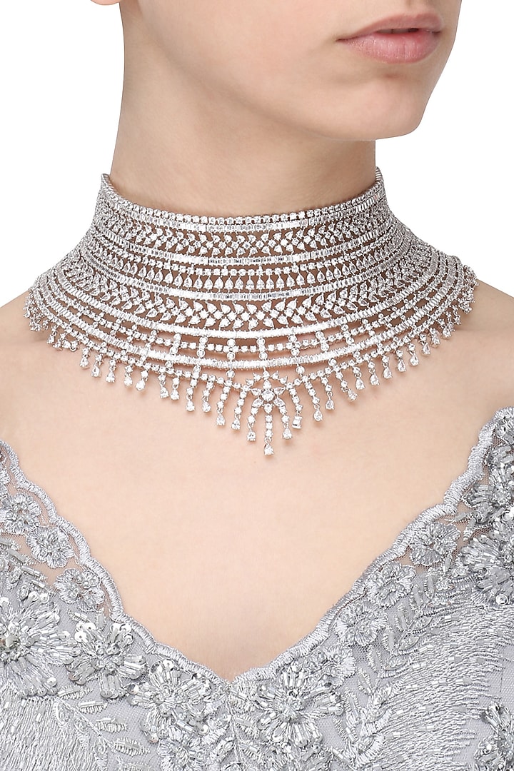 Rhodium finish white sapphires studded bridal necklace available only at Pernia's Pop Up Shop.