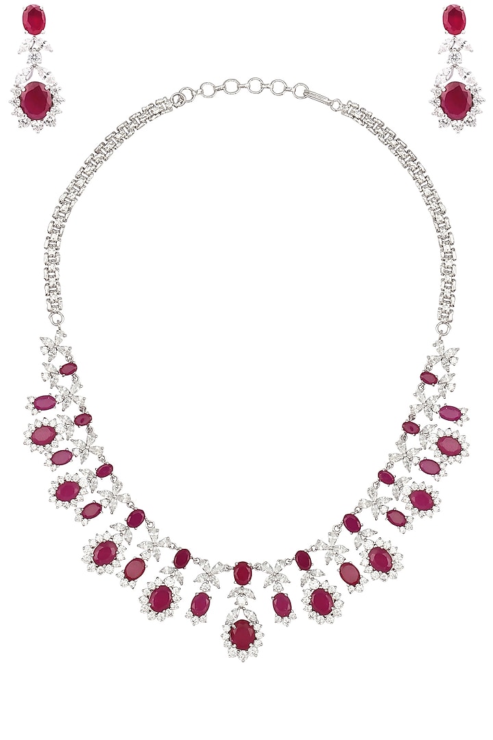 Rhodium Finish White Sapphire and Ruby Necklace by Tanzila Rab