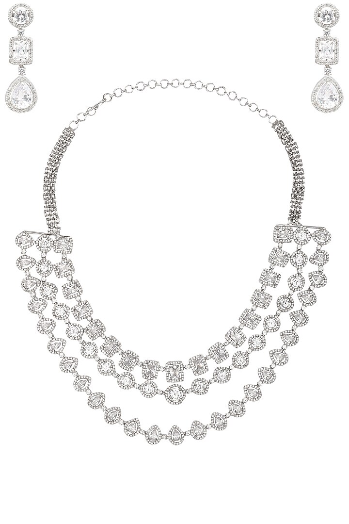 Rhodium Finish White Sapphire Three Line Necklace by Tanzila Rab