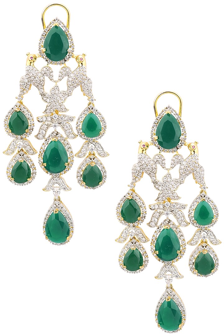 Rhodium and Gold Finish White Sapphire and Emerald Earrings by Tanzila Rab