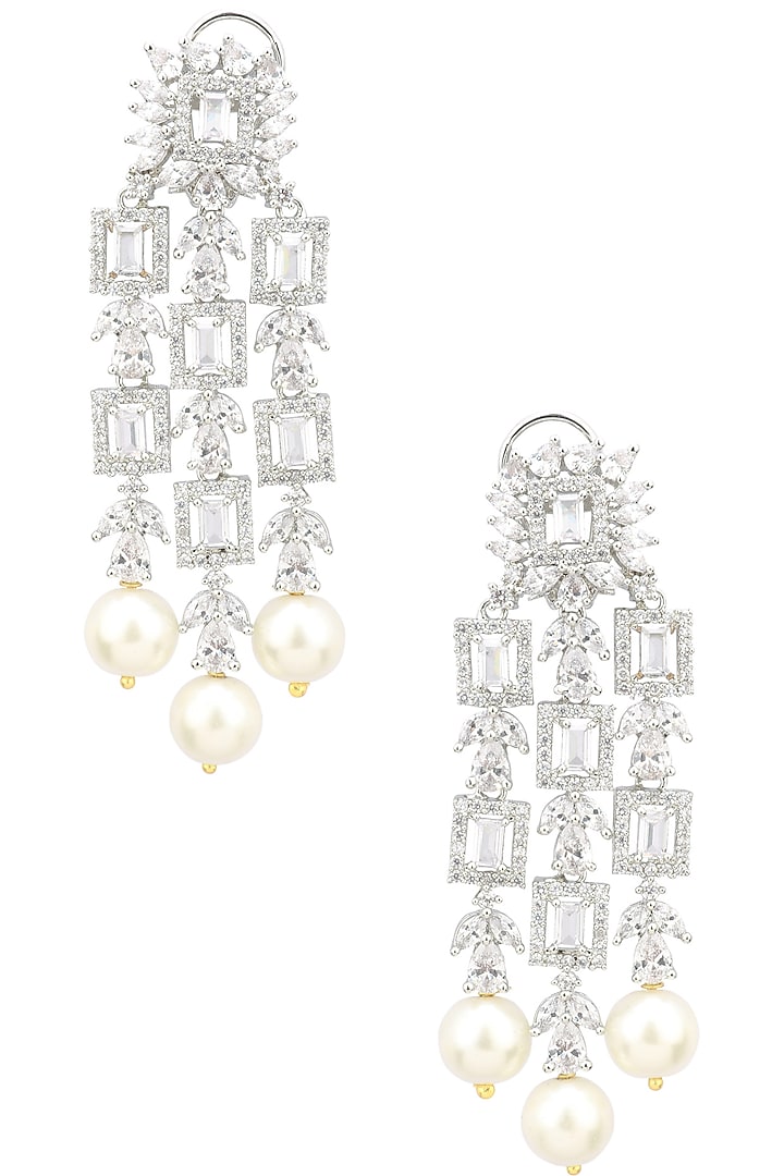 Rhodium Finish White Sapphire and Pearl Drops Earrings by Tanzila Rab