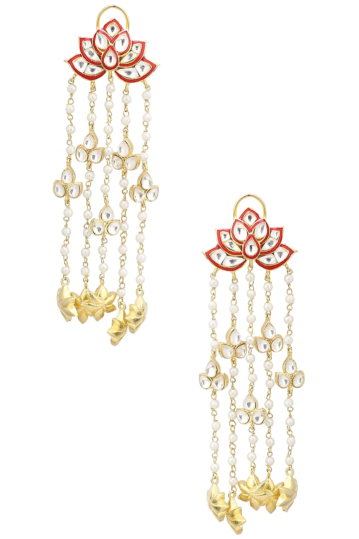 Gold Finish Meenakari and Kundan Earrings by Tanzila Rab
