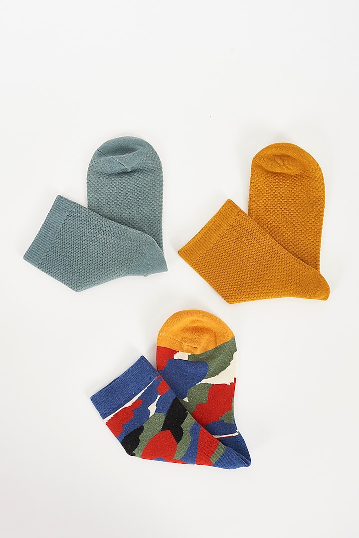 Grey & Mustard Cotton Socks (Set of 3) by TOFFCRAFT at Pernia's Pop Up Shop