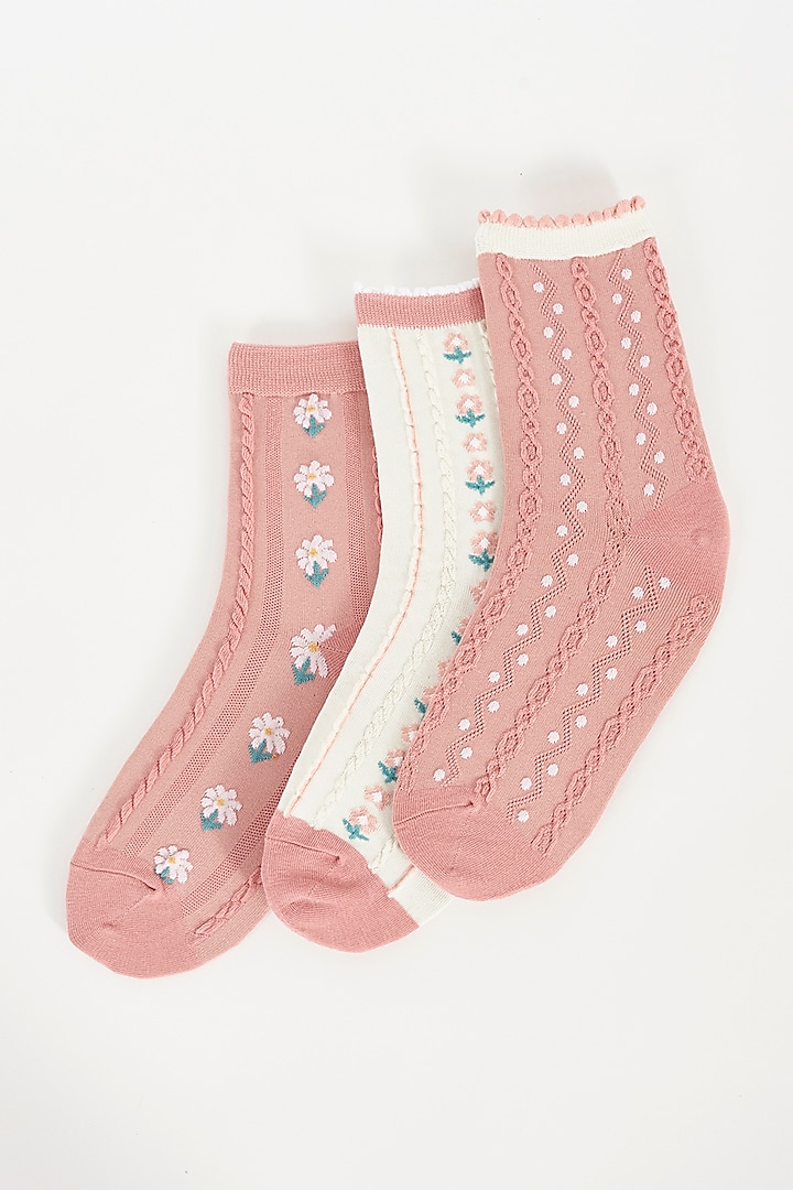 Pink & White Cotton Socks (Set of 3) by TOFFCRAFT