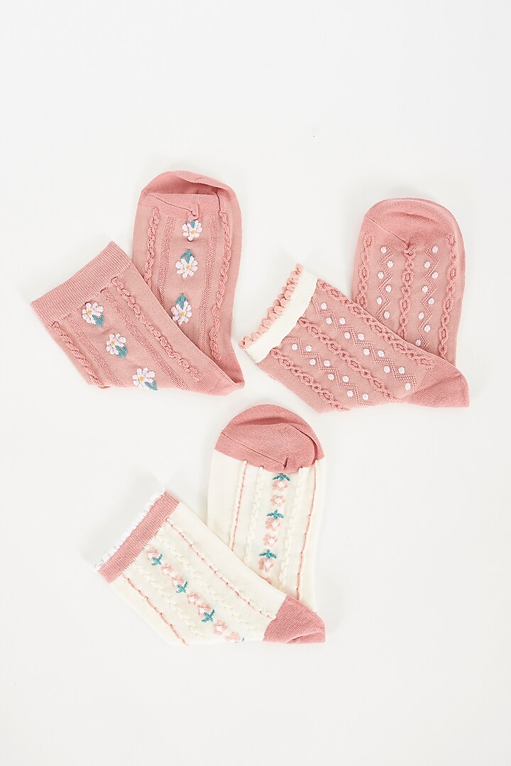 Pink & White Cotton Socks (Set of 3) by TOFFCRAFT at Pernia's Pop Up Shop