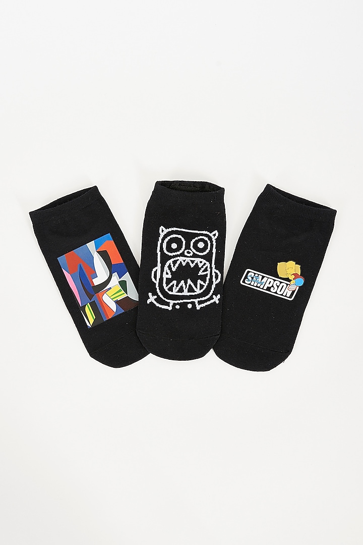 Black Cotton Printed Socks (Set of 3) by TOFFCRAFT