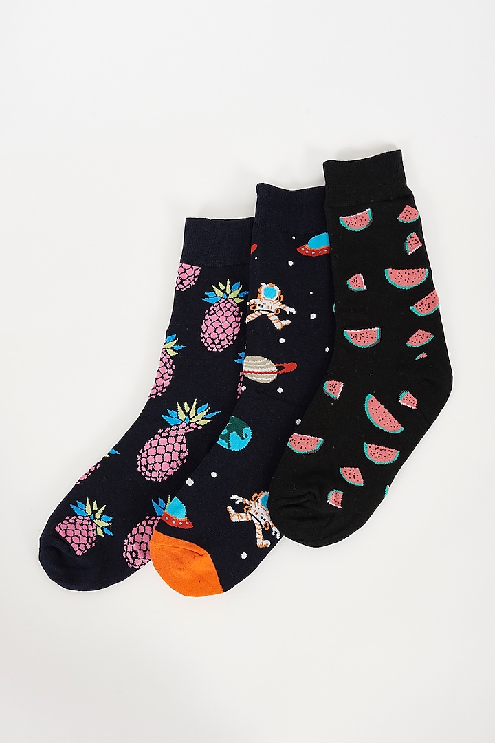 Black Printed Socks (Set of 3) by TOFFCRAFT