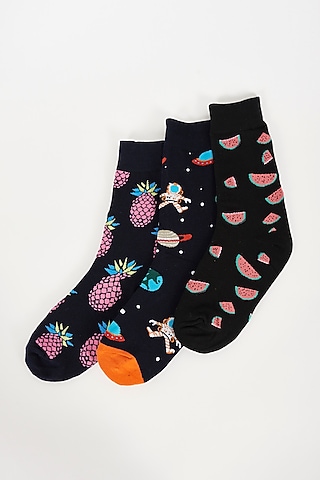 Black Printed Socks (Set of 3) by TOFFCRAFT