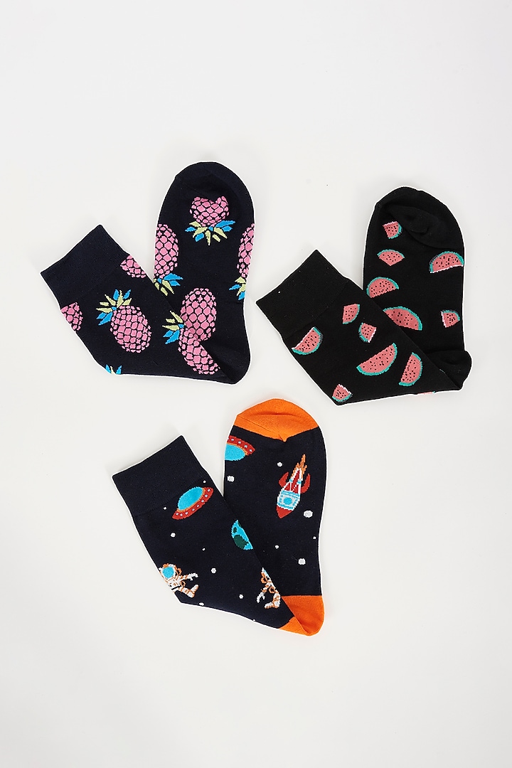 Black Printed Socks (Set of 3) by TOFFCRAFT at Pernia's Pop Up Shop