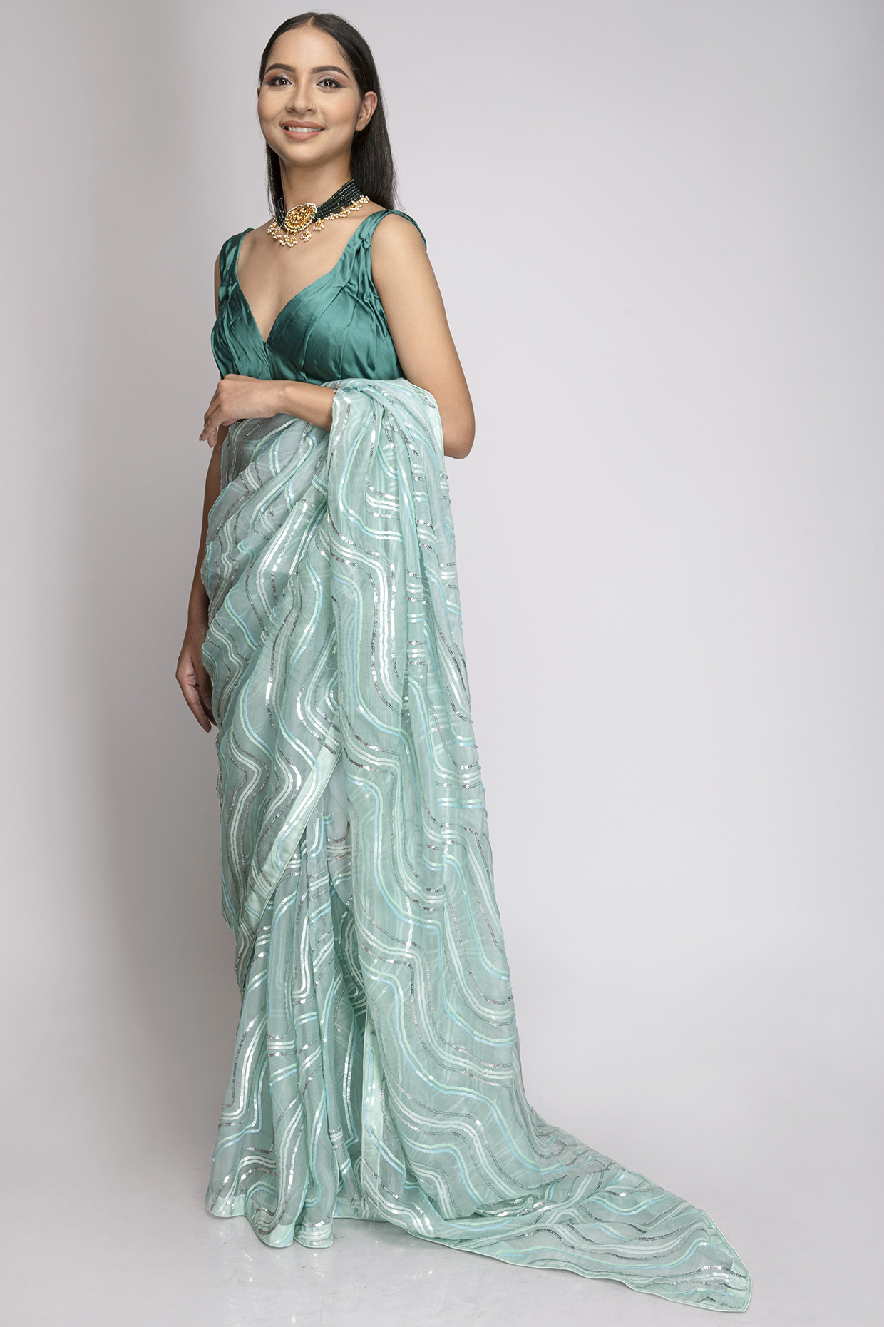 Sea Green Embroidered Saree Set by TOJ by Akanksha and Akriti