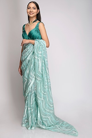 Sea Green Embroidered Saree Set by TOJ by Akanksha and Akriti
