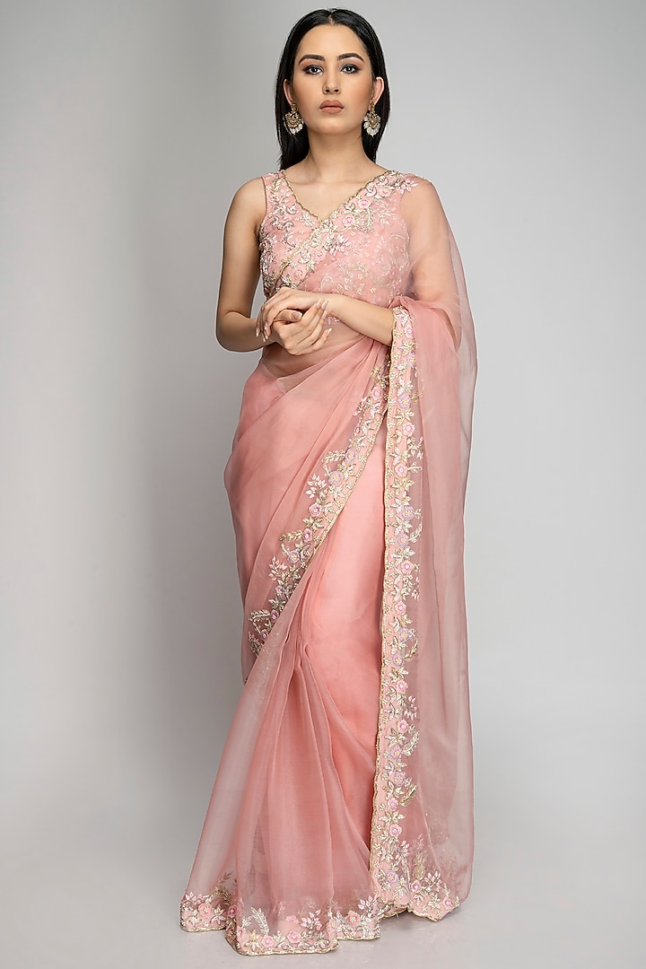 Pink Chanderi Embroidered Saree Set by TOJ by Akanksha and Akriti