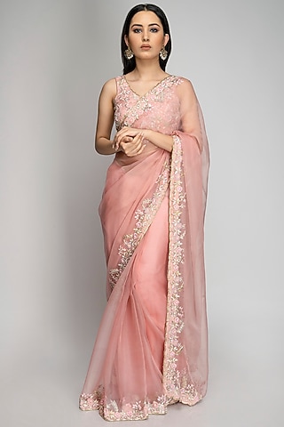 Pink Chanderi Embroidered Saree Set by TOJ by Akanksha and Akriti