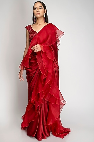 Maroon Embroidered Saree Set by TOJ by Akanksha and Akriti