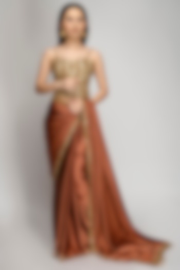 Copper Silk Embroidered Saree Set by TOJ by Akanksha and Akriti