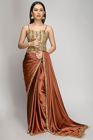 Copper Silk Embroidered Saree Set by TOJ by Akanksha and Akriti