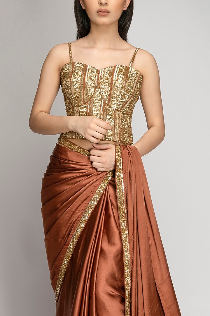 Copper Silk Embroidered Party Wear Saree Set by TOJ by Akanksha and Akriti at Pernia's Pop Up Shop