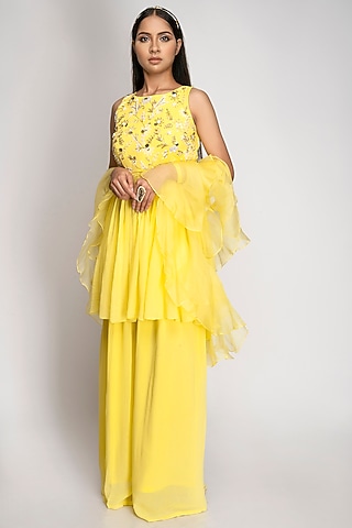 Lemon Yellow Embroidered Kurta Set by TOJ by Akanksha and Akriti