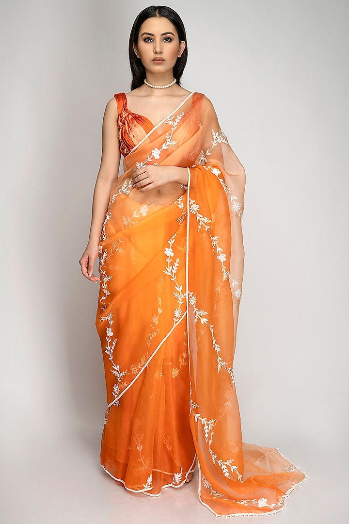Orange Satin Embroidered Saree Set by TOJ by Akanksha and Akriti