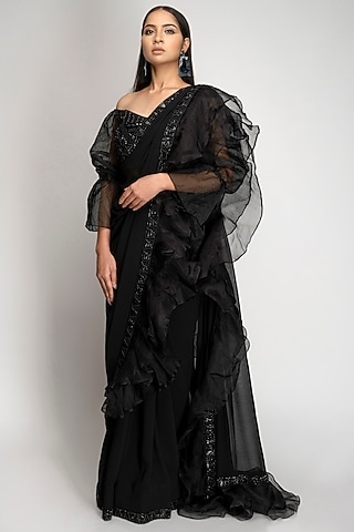 Black Ruffled Embroidered Saree Set by TOJ by Akanksha and Akriti
