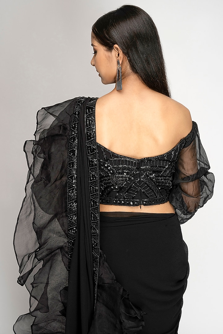 Black Ruffled Embroidered Party Wear Saree Set by TOJ by Akanksha and Akriti at Pernia's Pop Up Shop