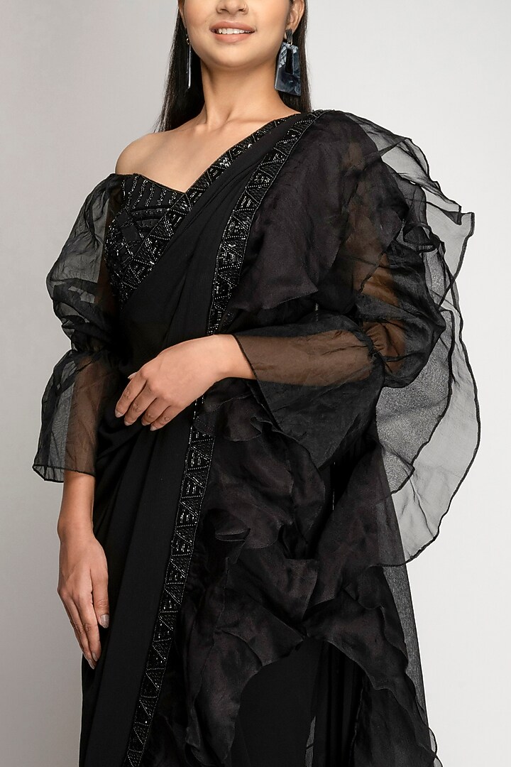 Black Ruffled Embroidered Party Wear Saree Set by TOJ by Akanksha and Akriti at Pernia's Pop Up Shop
