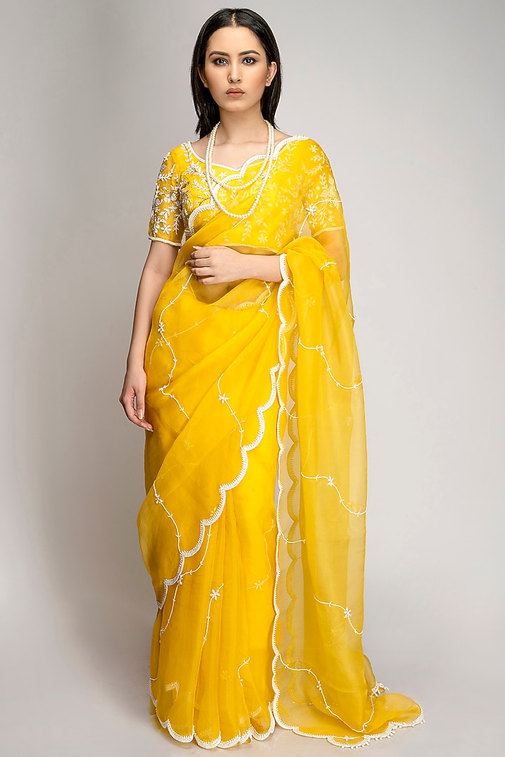 Yellow Embroidered Party Wear Saree Set by TOJ by Akanksha and Akriti at Pernia's Pop Up Shop