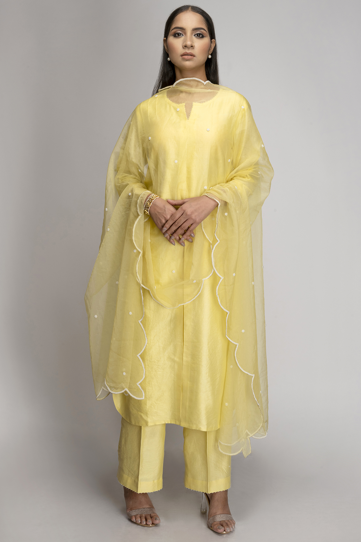 Lemon Yellow Embroidered Kurta Set by TOJ by Akanksha and Akriti