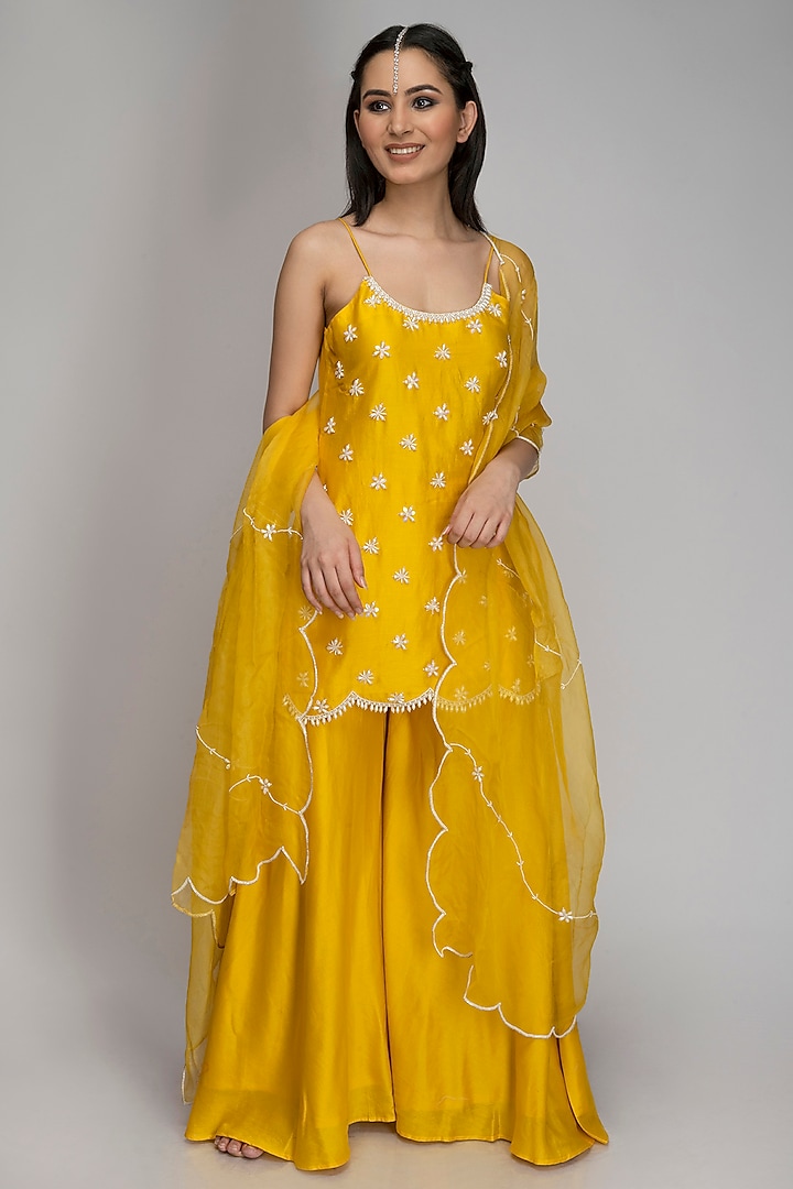 Mustard Embroidered Sharara Set by TOJ by Akanksha and Akriti at Pernia's Pop Up Shop